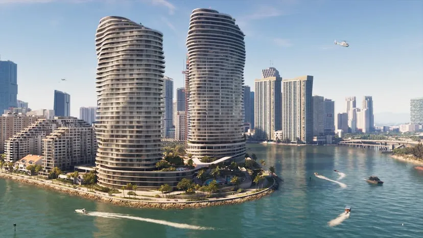 Vice City dans GTA VI : tours jumelles sur la baie, hors-bords et hélicoptère en plein jour