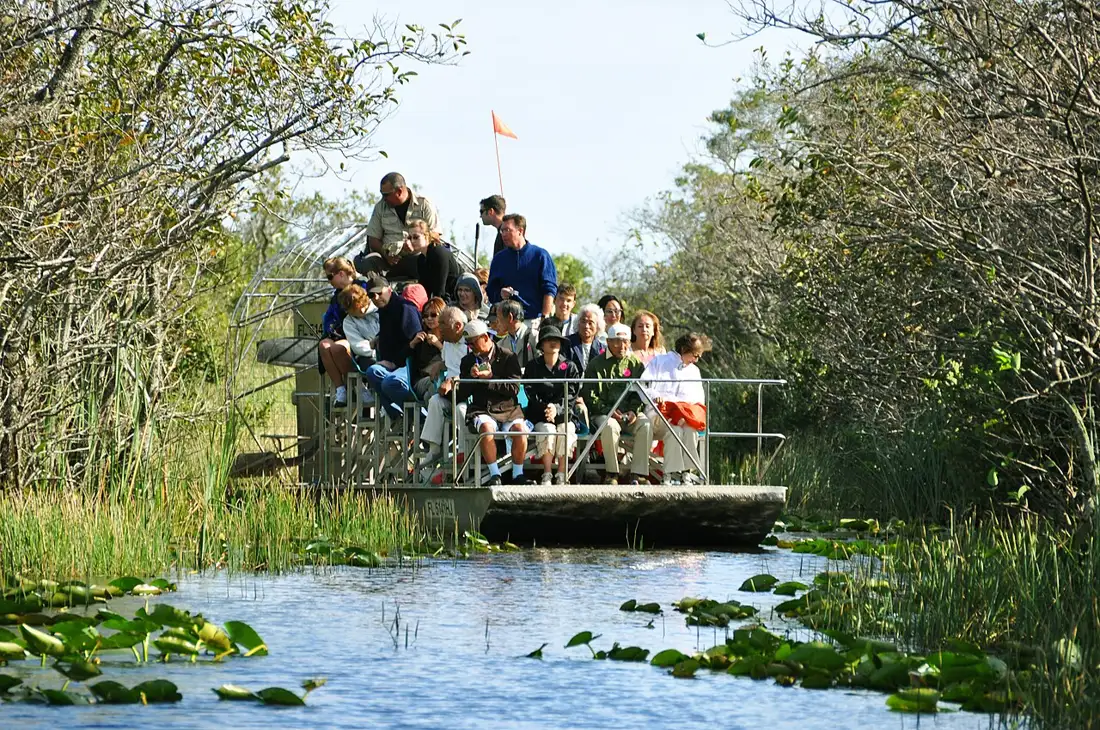 Hydroglisseur chargé de visiteurs glissant entre les nénuphars des Everglades