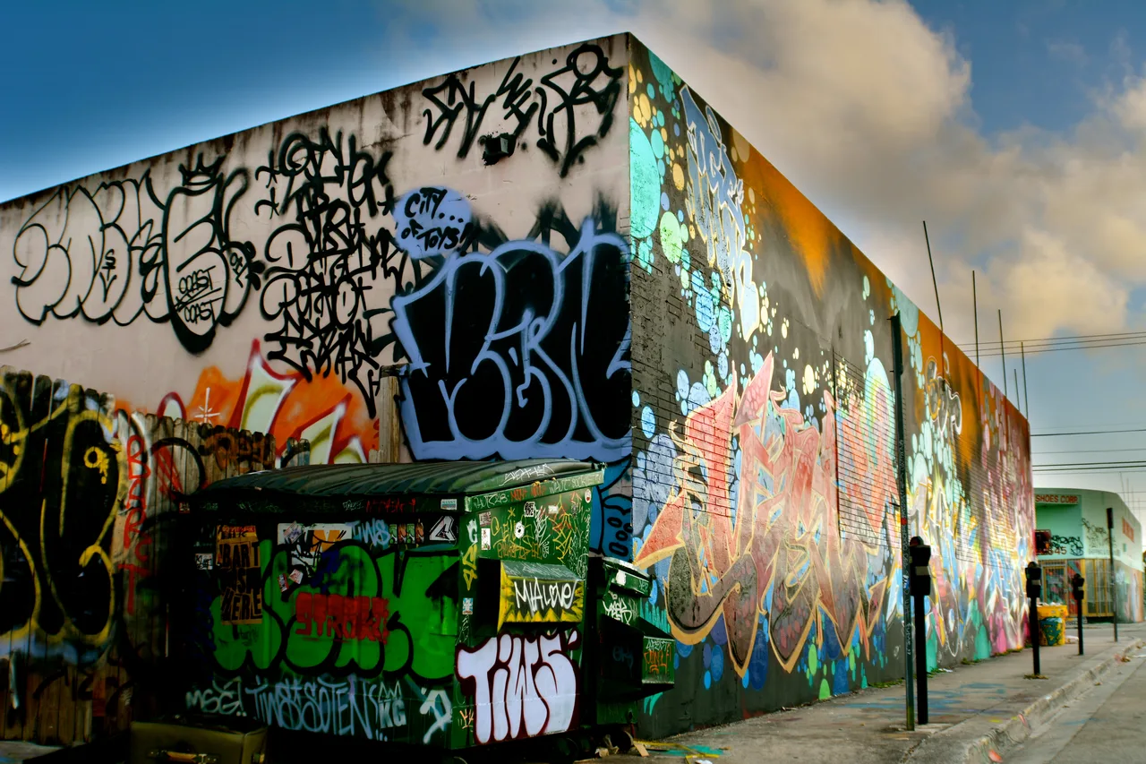 Angle de rue couvert de fresques à Wynwood dans la lumière du soir